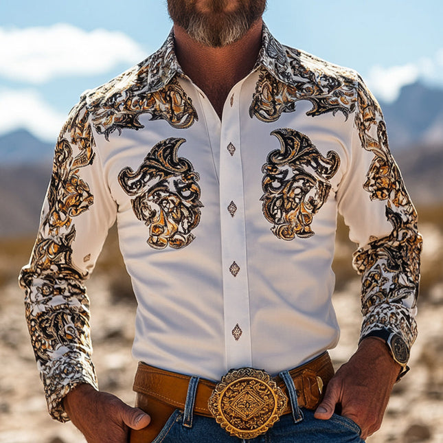 Men's Western Cowboy Style Shirt | Retro Vintage Print | Long Sleeve | Lapel Collar | Casual Wear | High-Quality Cotton Blend | S to 3XL | Ideal for Country Festivals | Breathable & Durable | Timeless Design