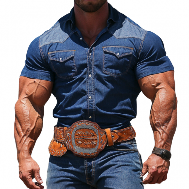 Men's Vintage Western Style Denim Shirt | Colorblock Lapel | Slim Fit | Short Sleeve | Cowboy Aesthetic | Durable Denim | Casual Button-Down | Premium Quality | Fashionable Men's Top