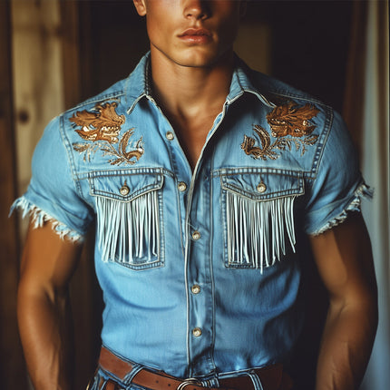 Men's Western Cowboy Denim Shirt | Embroidered Tassel Design | Short Sleeve | Classic Western Collar | Durable Soft Denim | Comfortable Fit | Sizes S-3XL | Rugged Western Aesthetic