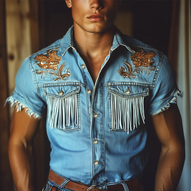 Men's Western Cowboy Denim Shirt | Embroidered Tassel Design | Short Sleeve | Classic Western Collar | Durable Soft Denim | Comfortable Fit | Sizes S-3XL | Rugged Western Aesthetic