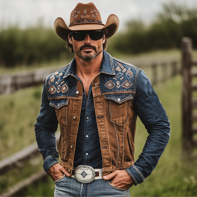 Men's Western Cowboy Style Denim Jacket | Vintage Color Block | Embroidered Detail | Premium Denim | Casual Outerwear