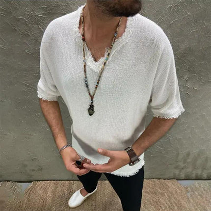 Men's V-neck T-shirt | Cotton Linen Blend | Loose Fit | Short Sleeves | Breathable & Durable | Casual Wear