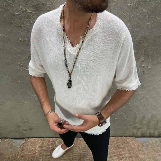 Men's V-neck T-shirt | Cotton Linen Blend | Loose Fit | Short Sleeves | Breathable & Durable | Casual Wear