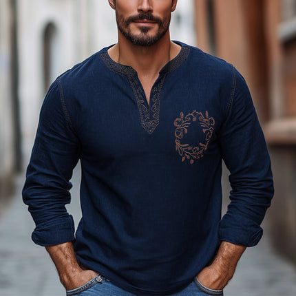 Men's V-Neck Long Sleeve T-Shirt | Navy Blue | Cotton Linen Blend | Vintage Embroidery | Casual Wear | Comfortable & Stylish | Breathable Fabric | Versatile Design