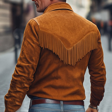 Men's Retro Tassel Suede Shirt | Long Sleeve | Classic Fit | Vintage Style | Bohemian Details | Warm & Elegant | Suede Texture | Button Closure | Versatile Fashion | Sizes S-3XL | Spring & Autumn Wardrobe