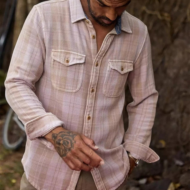 Men's Slim Fit Long Sleeve Shirt | Retro Pink Plaid Pattern | Twill Fabric | Classic Collar | Button-Down Closure | Fashionable Vintage Style
