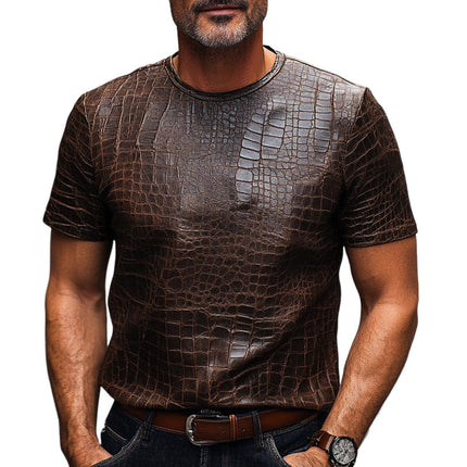 Men's T-Shirt | Brown Crocodile Texture | PU Leather | Short Sleeve | Crew Neck | MTA2277C9U | Fashion Statement | Exotic Design | Premium Material | Modern Style | Comfortable Fit