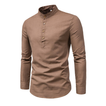 Men's 100% Cotton Linen Solid Color Stand Collar Dress Shirt | Long Sleeve | Neck Button Design | Casual Spring Summer Shirt | Breathable & Soft Fabric