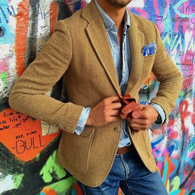 Men's Herringbone Wool Blend Blazer | Single Breasted | Vintage Style | Tailored Fit | Lapel Collar | Formal & Casual Versatility | Warm & Comfortable Outerwear | Easy Care | Various Sizes Available