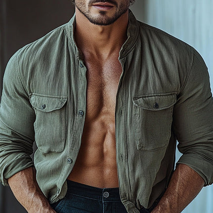 Men's Striped Textured Shirt | Stand Collar | Long Sleeve | High-Quality Fabric | Contemporary Twist | Breathable Comfort | Machine Washable | Versatile Style for Casual & Semi-Formal Occasions