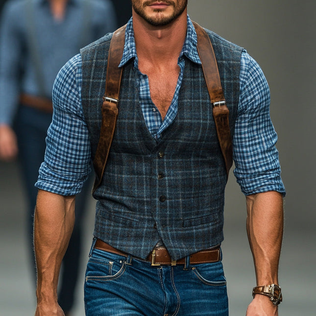 Men's Slim Fit Vest | Vintage Plaid Pattern | Blended Fabric | V-Neck Design | Sleeveless | Smart Casual and Formal Wear | Button-Front Closure | Versatile Layering Piece | Sizes S to XXXL