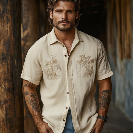 Men's Khaki Tencel Shirt | Vintage Embroidery | Short Sleeve | Casual Style | Breathable Fabric | Button-Down | Regular Fit | Ideal for Warm Weather | Classic Turn-Down Collar | Versatile Neutral Color