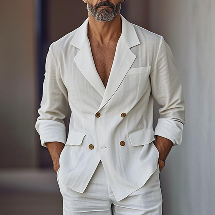 Men's Cotton Linen Blazer Shorts Set | Notch Lapel Long Sleeve Double Breasted Blazer | Summer Outfit | Tailored Modern Fit | Lightweight & Breathable | Casual & Semi-Formal Wear | Multiple Sizes Available