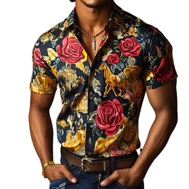 Men's Western Rose Print Satin Shirt | Retro Cowboy Style | Short Sleeve | Luxury Vintage | Satin Lapel | Classic Western Aesthetic | Casual Summer Style | Elegant Design | Comfortable Fit