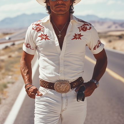 Men's Retro Western Cowboy Shirt | Cotton Blend | Embroidered Details | Slim Fit | Short Sleeve | Spring Summer Fashion | Classic Style | Comfortable Breathable Fabric | Vintage Modern Fusion