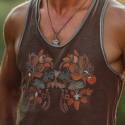Men's Vintage Embroidered Cotton Tank Top | Sleeveless Scoop Neck | Breathable Summer Style | Nostalgic Casual Design | Small to 3XL | High-Quality Soft Cotton | Ideal for Warm Weather | Summer Casual Wardrobe Essential