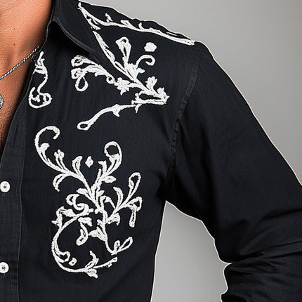Men's Western Cowboy Style Shirt | Embroidered Long-Sleeve | Summer Blended Fabric | Classic Pointed Collar | Button-Up Front | Rugged Sophisticated Design | Versatile Attire