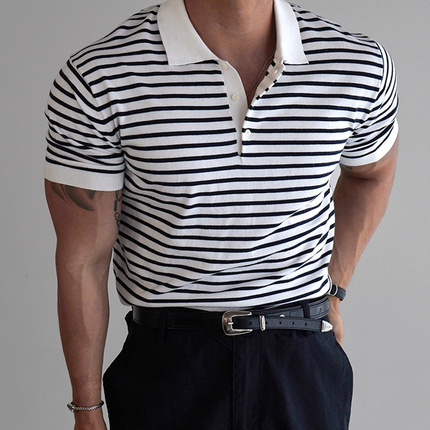 Men's Striped Polo Shirt | Short Sleeve | Lapel Collar | Soft Breathable Cotton Blend | Modern Fashionable Stripes | Regular Fit | Versatile Casual & Smart-Casual Wear | Multiple Sizes Available
