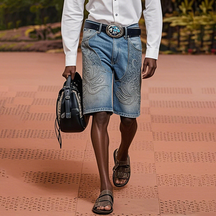 Men's Retro Embroidered Denim Shorts | Vintage Straight-Leg Fit | Casual Summer Style | Durable Denim | Above-the-Knee Length | Regular Waistband | Comfortable Casual Wear | Perfect for Festivals & Outings