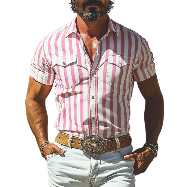 Men's Summer Retro Western Shirt | Casual Vertical Striped Cotton Blend | Slim Fit | Short Sleeve | Fashionable Lightweight Men's Top | Comfortable | Breathable Warm Weather Attire