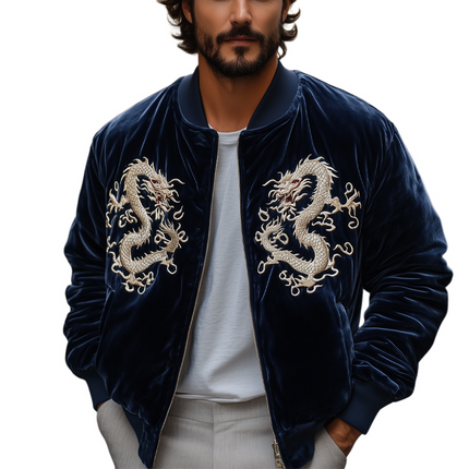Men's Velvet Jacket | Navy Blue | Vintage Dragon Embroidery | Long Sleeve | Classic Stand Collar | Regular Fit | Front Zipper | Luxurious Fabric | Evening & Casual Wear | Sizes S-XXXL | Symbolic Style