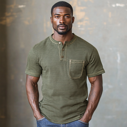 Men's Premium Cotton Striped Henley Collar T-Shirt | Slim Fit Short Sleeve | Patch Pocket | Casual Stylish Top