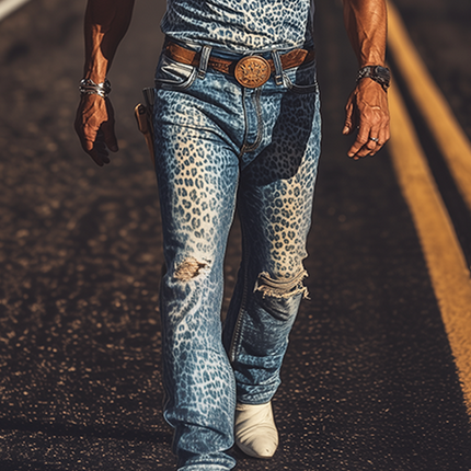 Men's Retro Western Cowboy Washed Denim Overalls | Spring And Summer Fashion | Bold Leopard Print | Distressed Knee Holes | No Belt Needed | Street Style Edge | Comfortable Breathable Design