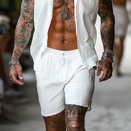 Men's Summer Set | Cotton Linen Sleeveless Shirt | Stand Collar | Elastic Waist Shorts | Breathable Casual Outfit | Beach Days | Relaxed Fit | Lightweight Fashion