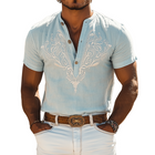 Men's Summer Henley Collar T-Shirt | Retro Western Style | Embroidered Cotton Linen Blend | Casual Fashion Top | Soft Breathable Fabric | Short Sleeve | Comfortable Fit | Stylish Everyday Wear