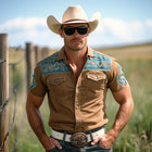 Men's Western Cowboy Shirt | Denim Print | Short Sleeve | Casual Button Down | Snap Button | Point Collar | Lightweight Comfort | Classic Style | Regular Fit | M-3XL | Wrinkle Resistant | Two Chest Pockets