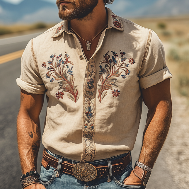 Men's Retro Western Short Sleeve Shirt | Summer Fashion | Embroidered Cotton Linen Blend | Classic Style | Breathable Fabric | Versatile Casual Top | Comfortable Fit for Warm Weather | Unique Design