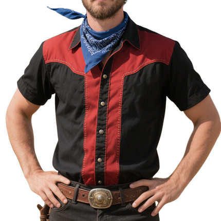 Men's Retro Western Colorblock Lapel Short Sleeve Shirt | Cowboy Style Casual Top | Vintage Flair | High-Quality Breathable Cotton | Different Sizes | Spring Summer Wear | Tailored Fit | Bold Accents