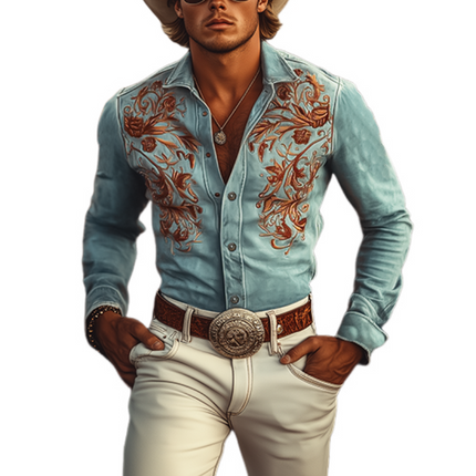 Men's American Retro Western Shirt | Suede Fabric | Embroidered Design | Long Sleeve | Classic Snap Buttons | Pointed Yoke | Versatile Styling | Casual & Semi-Formal Wear | Easy Care