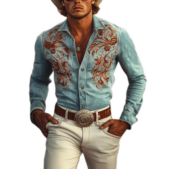 Men's American Retro Western Shirt | Suede Fabric | Embroidered Design | Long Sleeve | Classic Snap Buttons | Pointed Yoke | Versatile Styling | Casual & Semi-Formal Wear | Easy Care