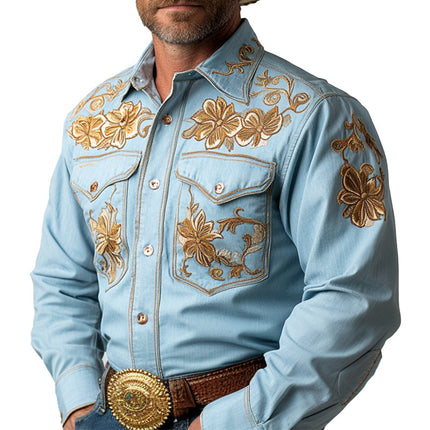 Men's Western Cowboy Style Denim Shirt | Thin Embroidered Long Sleeve | Lightweight Summer Apparel