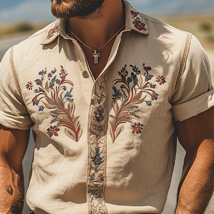 Men's Retro Western Short Sleeve Shirt | Summer Fashion | Embroidered Cotton Linen Blend | Classic Style | Breathable Fabric | Versatile Casual Top | Comfortable Fit for Warm Weather | Unique Design