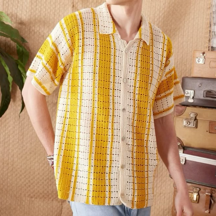 Men's Knitted Cardigan | Contrast Striped Short Sleeve | Lapel Collar | Single-Breasted Closure | Casual Lightweight Layering | Breathable Fabric | Versatile Styling | Comfortable Fit | Multiple Sizes
