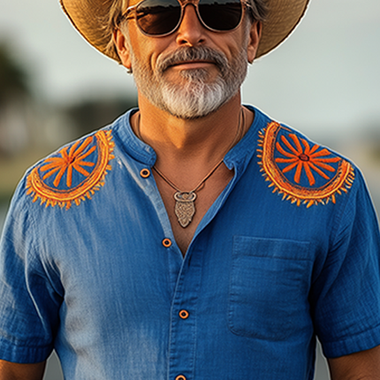 Men's Cowboy Retro Embroidered Shirt | Spring Summer Short Sleeve | Stand-Up Collar | Cotton Linen Blend | Casual Vacation Style | Breathable & Lightweight | Western Inspired | Refined Detailing