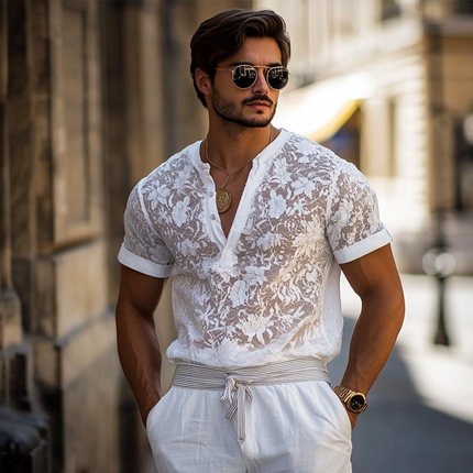 Men's Lace Henley Collar T-Shirt | Short Sleeve Casual Top | Breathable Fabric | Classic Fit | Elegant Lace Detail | Stylish Wardrobe Essential | Everyday Wear | Comfortable Men's Shirt