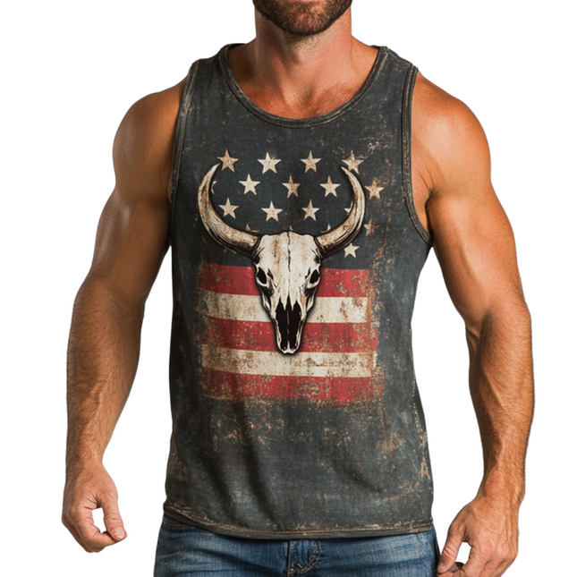 Men's Tank Top | Retro Western Cowboy Style | American Flag Print | Sleeveless Crew Neck | Casual Summer Wear | Breathable Cotton Blend | Vintage Americana | Patriotic Style | Sizes S-3XL
