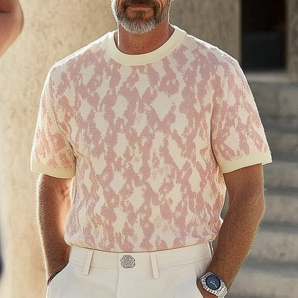 Men's Stylish Round Neck Patterned Knitted T-Shirt | Intricate Design | Breathable Fabric | Short Sleeve | Casual and Semi-Formal Wear | Available in Sizes S to 3XL | Comfortable Fit | Wrinkle-Resistant
