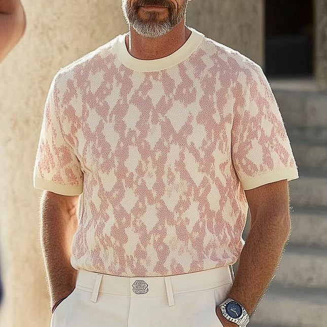 Men's Stylish Round Neck Patterned Knitted T-Shirt | Intricate Design | Breathable Fabric | Short Sleeve | Casual and Semi-Formal Wear | Available in Sizes S to 3XL | Comfortable Fit | Wrinkle-Resistant