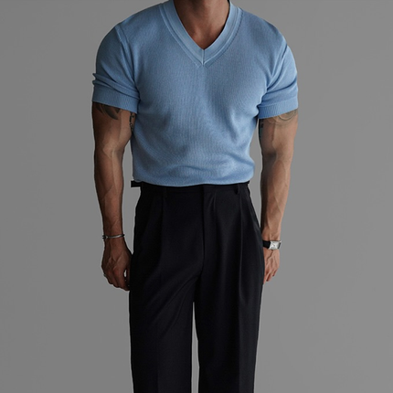 Men's Slightly Stretch V Neck Short Sleeve T-shirt | Soft Elastic Fabric | Comfortable Fit | Versatile Design | Casual and Layering Essential | Modern Sophisticated Look | Multiple Sizes Available