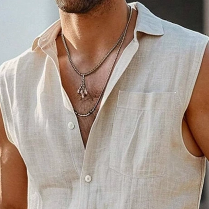Men's Linen Sleeveless Shirt Set | Casual Lapel Top & Loose Elastic Waist Shorts | Lightweight Breathable Summer Outfit | Beach & Casual Wear