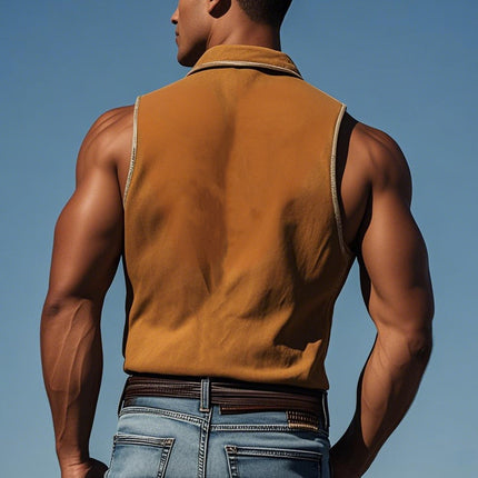 Men's Vintage Western Sleeveless Shirt | Cotton Washed | Floral Embroidery | Lapel & Chest Pocket | Slim Fit | Rugged Elegance | Summer Essential | Western Aesthetic | Versatile Casual & Smart-Casual Wear