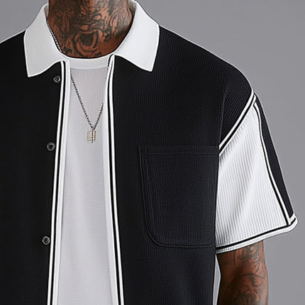 Men's Short Sleeve Shirt | Black and White Stitching | Business Casual Knit | Breathable Comfort | Tailored Fit | Classic Turn-Down Collar | Sizes S to 3XL