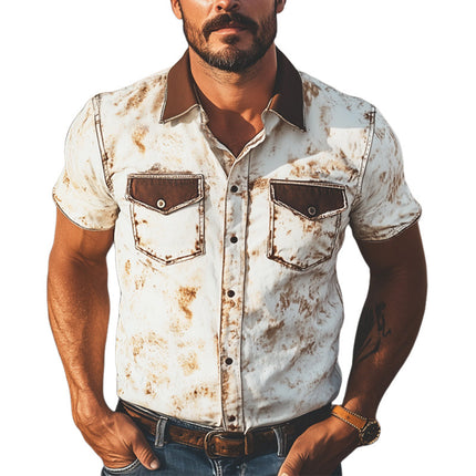 Men's Western Cowboy Shirt | Colorblock Print | Short Sleeve | Snap-Button Closure | Premium Cotton Blend | Point Collar | Regular Fit | Vibrant Design | Casual & Stylish | Ideal for Warm Seasons | MTA1370E7U