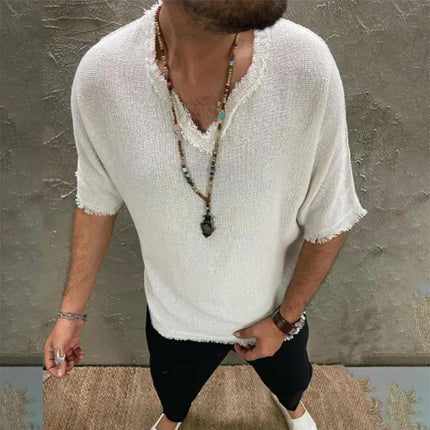 Men's V-neck T-shirt | Cotton Linen Blend | Loose Fit | Short Sleeves | Breathable & Durable | Casual Wear