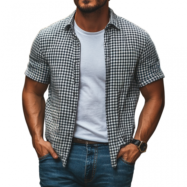 Men's Vintage Plaid Shirt | Cotton Fabric | Loose Fit | Lapel Collar | Short Sleeves | Breathable & Comfortable | Retro Style | Casual Wear | Easy Care | Versatile | Ideal for Warm Weather | Multiple Sizes