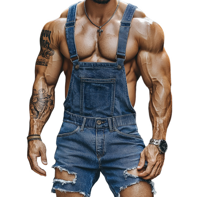 Men's Vintage Style Ripped Denim Bib Shorts | Retro Casual Washed and Worn | Distressed Details | Mid-Rise Waist | Relaxed Fit | Comfortable High-Quality Fabric | Ideal for Spring & Summer